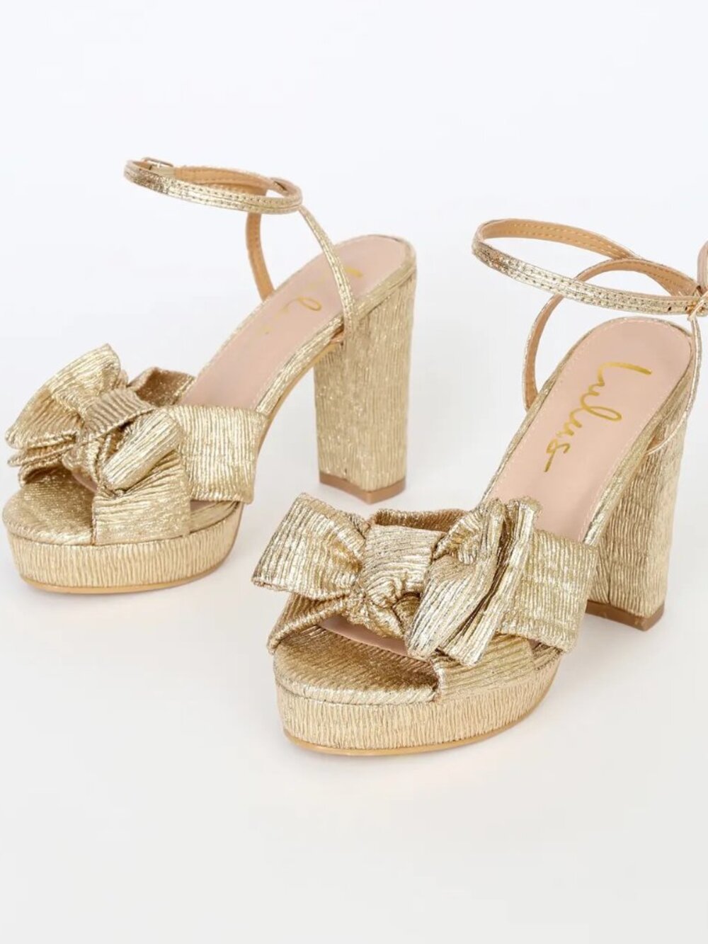 Lulus Lilsa Bow Platform Ankle Strap Heels, 10 Gold